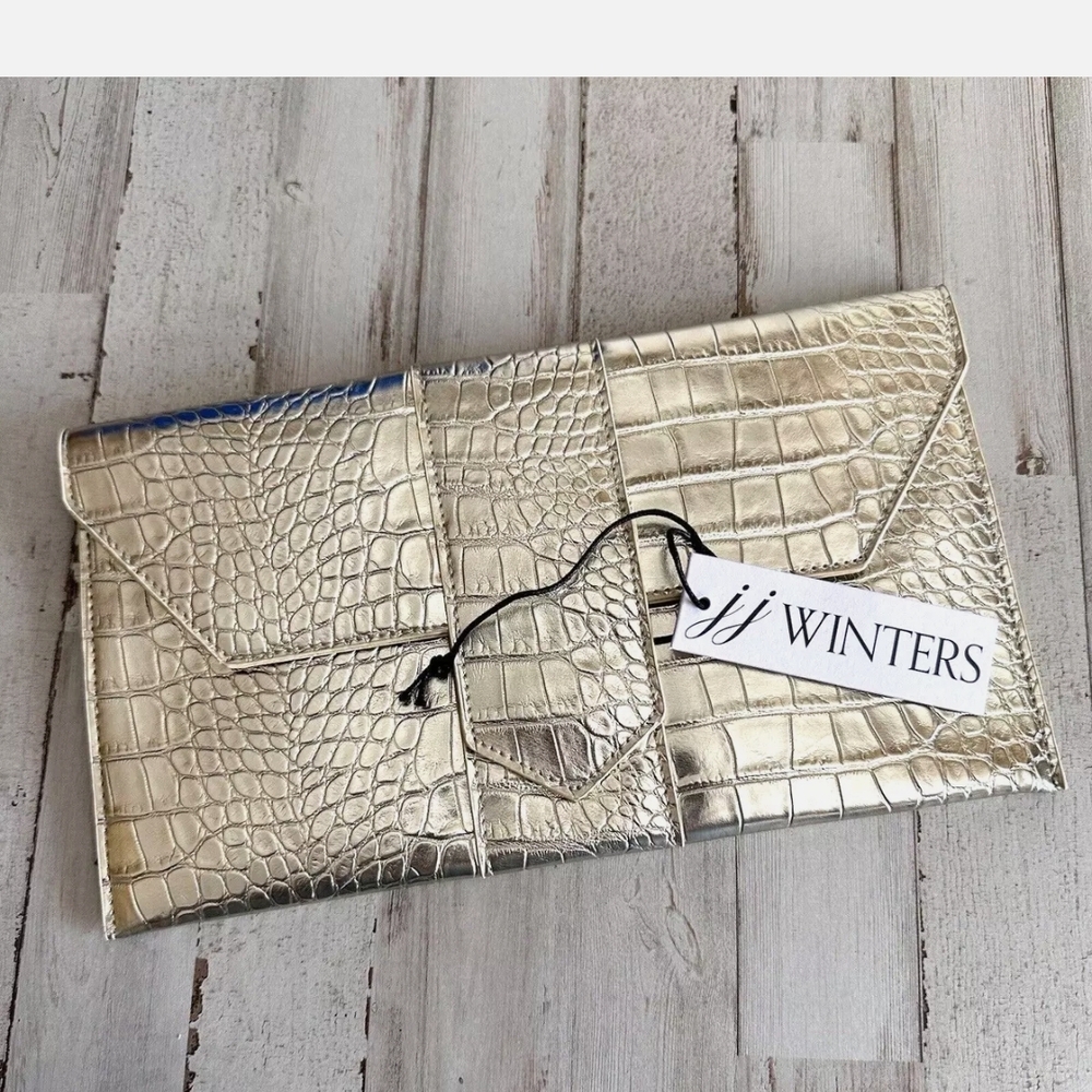 Elegant Gold Crocodile-Embossed Clutch - Picture 2 of 5